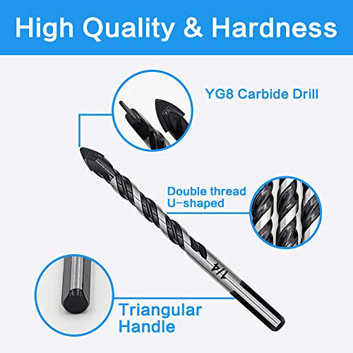 5-Piece 5/8“ Masonry Drill Bits for Tile Glass Ceramic Wall Brick Stone Soft-Metal Wood, 5/8 Inch Concrete Drill Bits Cement Drill Bit Set, 3-Flat Shank, YG8 Carbide Tungsten Steel Alloy Tip 16mm