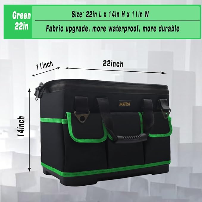 22 Inch Tool Bag With Molded Base and Comfortable Shoulder Straps, Waterproof Wide Mouth Tool Kit, Tool Storage Package For Men/Women (Green22IN)