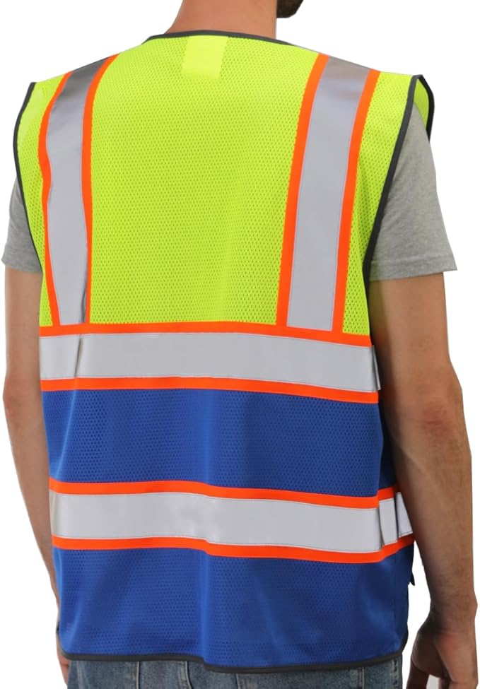 Dib Safety Reflective Mesh Vest High Visibility Two Tone with Pockets and Zipper, Yellow and Blue Mesh with Orange Trim 3XL