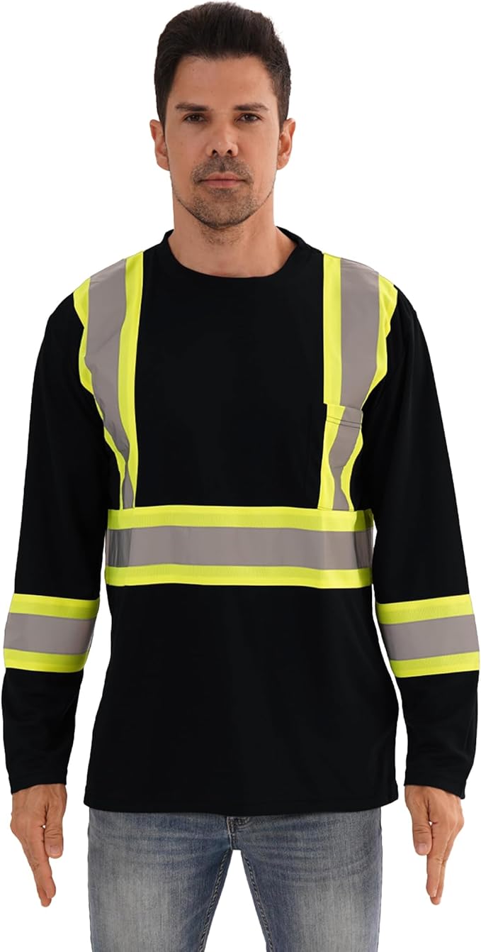 Hi Vis Safety Long Sleeve Shirts，High Visibility Class 3 T Shirts with Reflective Strips and Pocket, Quick Dry Mesh Construction Work Shirt for Men/Women (Black,5XL)