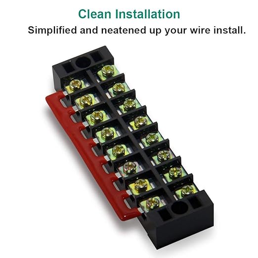 MILAPEAK Terminal Block and Strip - 4pcs 8 Position 600V 25A Dual Row Screw Terminals with Cover + 4pcs Pre-Insulated Barrier Jumper Strips Black & Red + Insulated Fork Wire Connectors