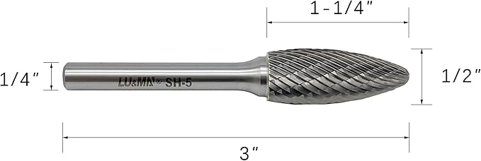 LU&MN SH-5 Tungsten Carbide Burr Rotary File Flame Shape Double Cut (1/2” Cutter Dia X 1-1/4”Cutter Length) with 1/4'' Shank Dia,3PCS