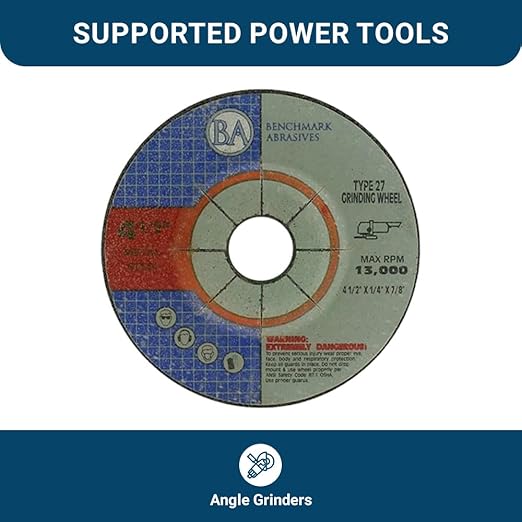 Benchmark Abrasives 4-1/2" Aluminum Oxide Pro Depressed Center Grinding Wheel, 1/4" Thick, 7/8" Arbor for Cutting Grinding Stock Removal on Metal, Steel, Cast Iron - 100 Pack