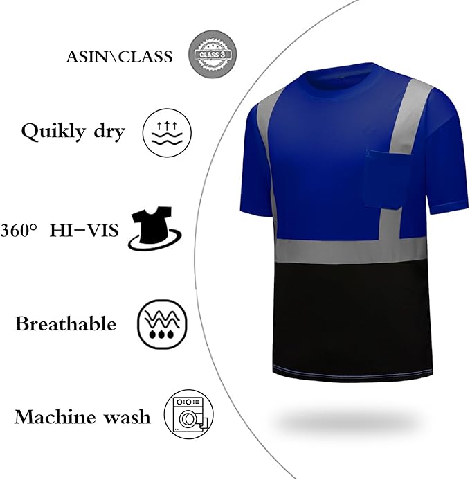 High Visibility Shirts Quick Dry Safety T Shirts with Reflective Strips and Pocket Short Sleeve Mesh Hi Vis Construction Work Class 2 Shirt for Men/Women Black Bottom Blue,2XL