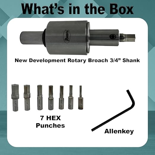 ASSORTS Precision Rotary Broach with 3/4" (19.05 mm) Shank & 7-Piece HSS Hex Punch Set – Ideal for CNC, Lathe, Milling & Drilling Machines