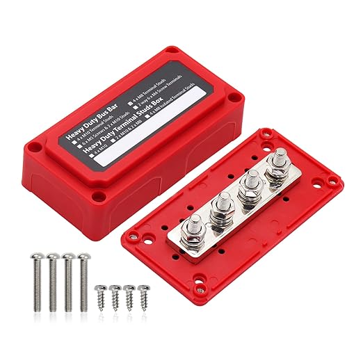 300A Bus Bar Box 12V 24V 48V DC Terminal Studs 4XM8(5/16") Heavy Duty Bus Bar Power Distribution Block for RV Car Truck Battery Marine Automotive, Red