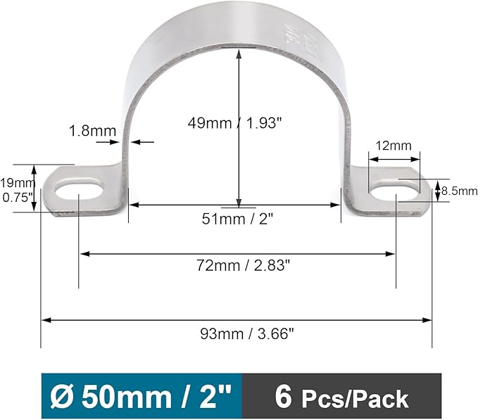 OD 2" Conduit Clamp 304 SS Pipe Support U Bracket, Tube Clamp for Cable/Water Pipe/Pipe, Heavy Duty Pipe Clamps | OD 2" | 6 pcs