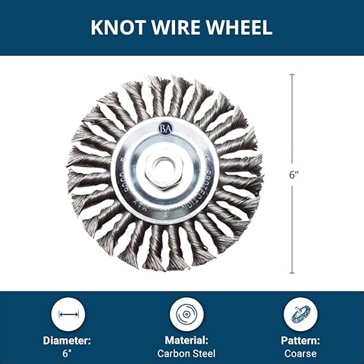 Benchmark Abrasives 6" x 5/8" Standard Twist Knot Wire Wheel with Arbor 5/8"-11 Thread for Weld Cleaning, Weld Spatter Removal, Stripping, Use with Angle Grinders - Carbon Steel