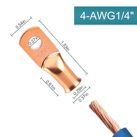 Battery Cable Ends, 8PCS 4 Gauge Wire Connectors 1/4 Copper Wire Lugs, Bare Copper Eyelets with Heat Shrink Tubing
