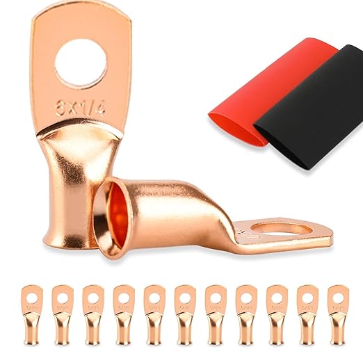 10PCS Battery Cable Ends, 6 Gauge Wire Connectors 1/4 Copper Wire Lugs, Bare Copper Eyelets with Heat Shrink Tubing by HOUSUN