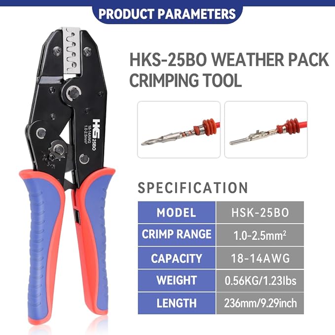 HKS Crimping Tool for Delphi APTIV Weather Pack Terminals or Metri-Pack Connectors - AWG 18-14 (1.0-2.5mm²) with Chrome-Moly Steel Wire Cutting Jaw - One Cycle Cord & Seal Crimper 25BO