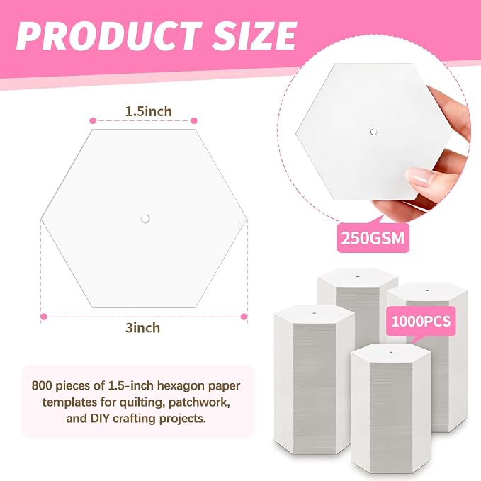 1000 PCS 1.5" White Hexagon Piecing Paper Templates, Quilting Templates - Image 2