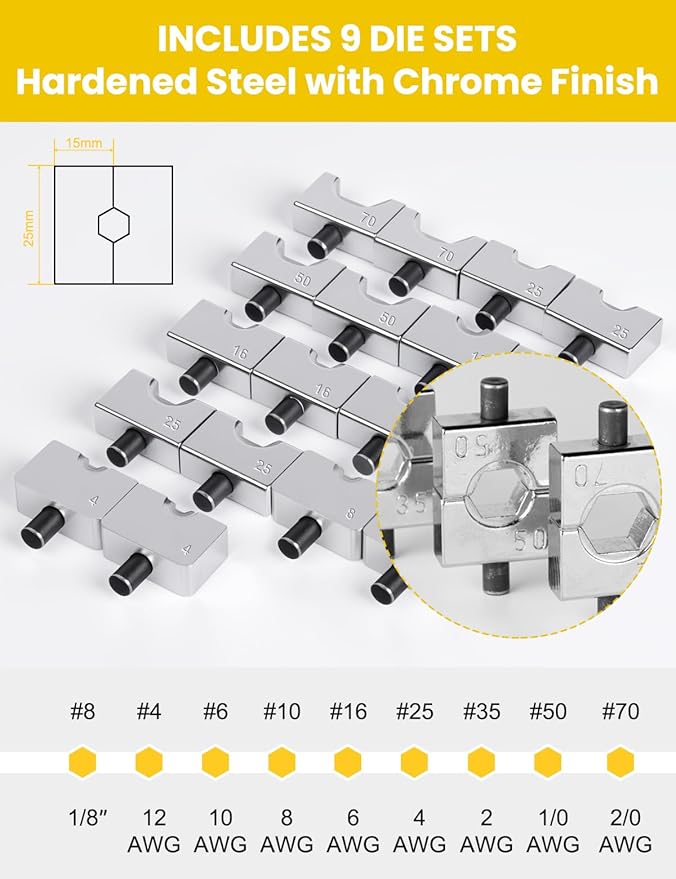 10 Tons Hydraulic Crimping Tool Battery Cable Lug Terminal Crimper with 9 Pairs of Dies, 12 AWG to 2/0 AWG Wire Crimping Tool