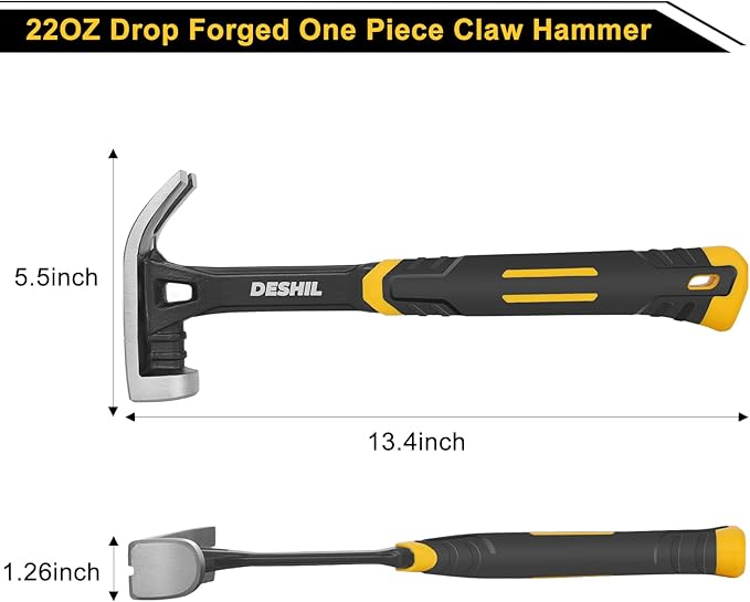 22 oz Claw Hammer with Fiberglass Handle, Drop Forged One Piece Claw Hammer, All Purpose Hammer, Smooth Face, Shock-Absorbing Grip