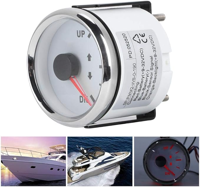 Boat Trim Gauge, 52mm/2in Stainless Steel UP-DN Boat Trim Gauge 0-190ohm Trim Tilt Indicator Red Backlight (White Dial Silver Frame)