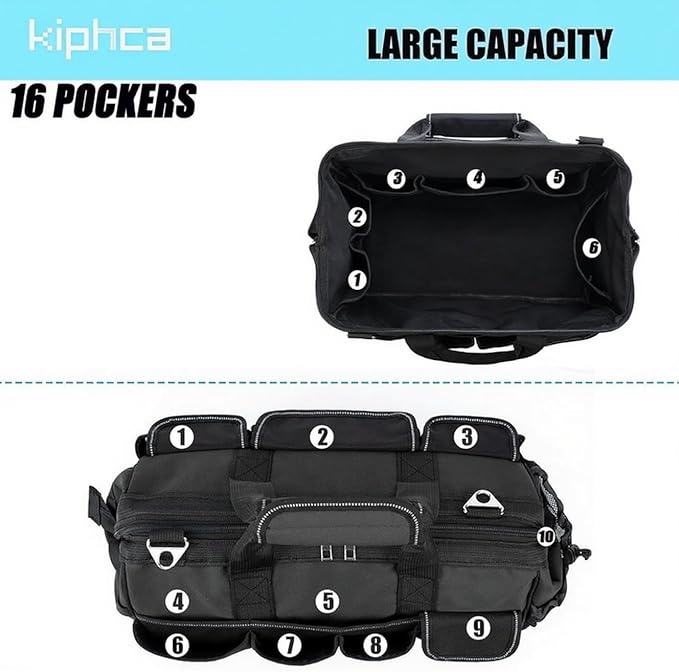 Tool Bag, Heavy Duty Tool Bag 16-Inch, Portable Tool Bags Organizer, Waterproof Soft Handle & Padded Large Zipper Carrying, Black