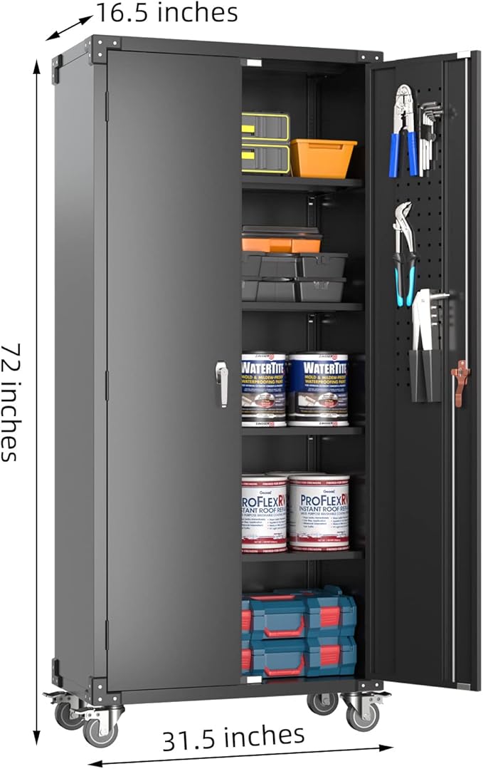 Upgraded Metal Storage Cabinet with Wheels, Lockable 72" Tall Cabinet for Garage Utility Rooms, Pegboard & 4 Hooks, Adjustable Shelves (Black)