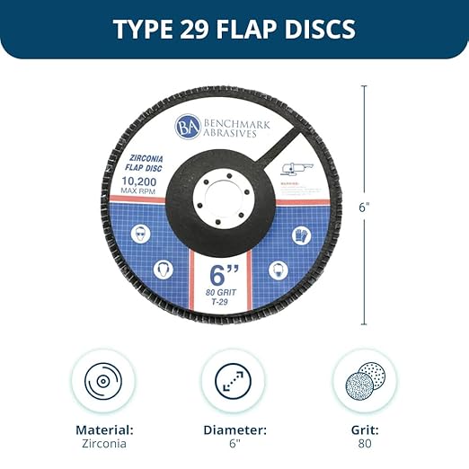 Benchmark Abrasives 6" x 7/8" Premium High Density Jumbo Zirconia Type 29 Flap Discs for Angle Grinder, 6 Inch Sanding Discs, Finishing, Deburring, Rust Removal - (10 Pack) 80 Grit