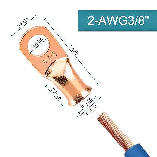 Battery Cable Ends, 8PCS 2 Gauge Wire Connectors 3/8 Copper Wire Lugs, Bare Copper Eyelets with Heat Shrink Tubing