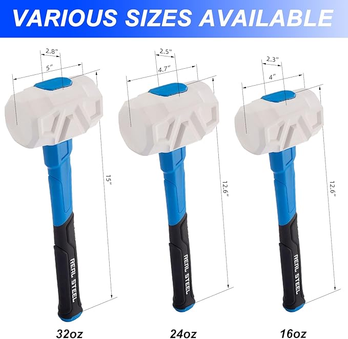 Real Steel Rubber Mallet Hammer 32 OZ White Rubber Hammer with Solid Head, Double-faced Mallets for Flooring, Woodworking, Camping, Automotive 0323
