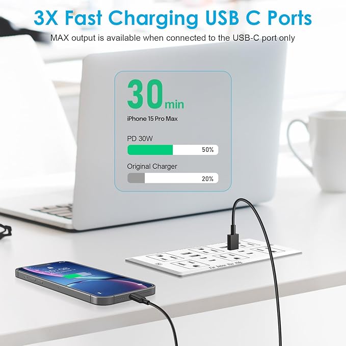 Recessed Power Strip with PD 30W Fast Charging, Conference Desk Flush Mount Outlets Plug in 6 Outlets & 8 USB Ports,3FT Cord Furniture Drawer Outlet White