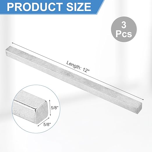 uxcell 3 Pcs Square Steel Key Stock, 5/8" x 5/8" x 12" Cold-Drawn 45# Steel Bars Precision Key Stock for Gearbox Coupling, Silver Tone