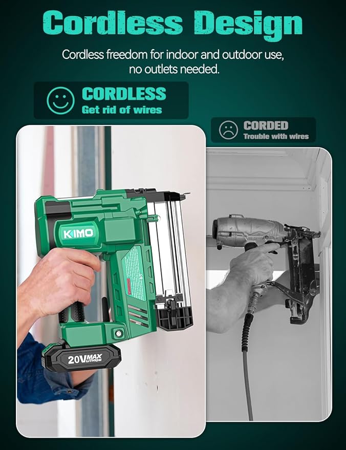 KIMO 18 Gauge Nail Gun Cordless with Battery 2.0Ah X 2, 1000pcs Nails and Staples, 2 Firing Modes, 180 Nails/min, Adjustable Nailing Depth, 2 in 1 Cordless Brad Nailer and Stapler for DIY Project