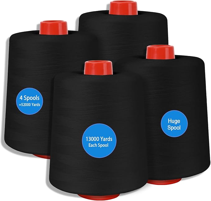 Black Sewing Thread, Serger Thread Cones 4 Pack, 40S/2-52000 Yards Black All by AOFITOA