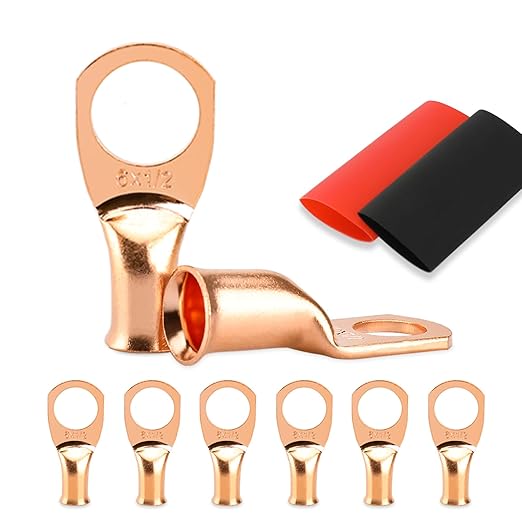 Battery Cable Ends, 8PCS 6 Gauge Wire Connectors 1/2 Copper Wire Lugs, Bare Copper Eyelets with Heat Shrink Tubing