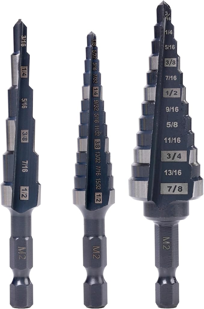 M2 HSS Quick Change 1/2", 1/2" & 7/8" Step Drill Bit Set Double Fluted Drill Bits for Hole Drilling in Stainless Steel, Copper, Aluminum, Wood, Plastic……