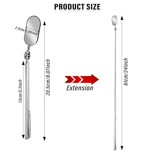 Telescoping Inspection Mirror, 1 Piece Car Inspection Mirror, Stainless Steel Mechanic Mirror,Retractable Extension Mirror,Flexible Inspection Mirror for Checking Vehicle and Small Details (8~24 Inch)