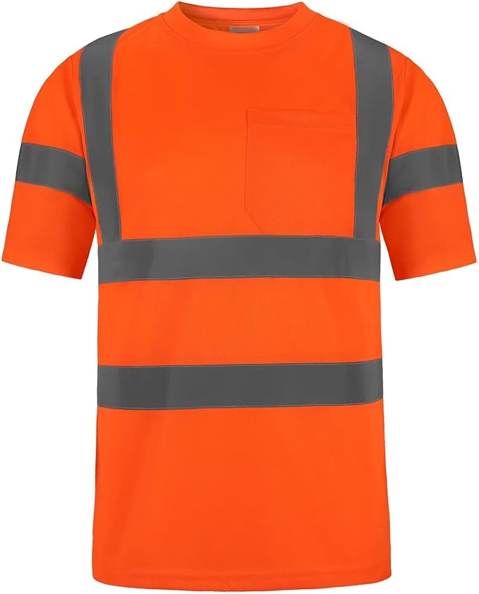High Visibility Class 3 T Shirts，Hi Vis Safety Shirts with Reflective Strips and Pocket, Short Sleeve Quick Dry Mesh Construction Work Shirt for Men/Women Orange,Medium