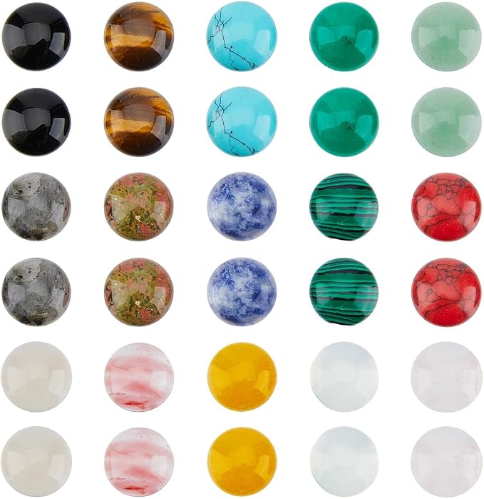 SUPERFINDINGS 30PCS Gemstone Cabochons 15 Styles Flat Round Cabochons by SUPERFINDINGS