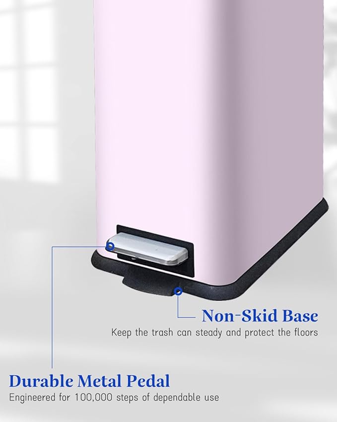 Bathroom Trash Can with Lid, 2.6 Gallon Stainless Steel Slim Garbage Can, Pedal Trash Bin with Removable Liner Bucket, 10L Rectangle Trash Bin for Bedroom, Kitchen, Office (Pink)