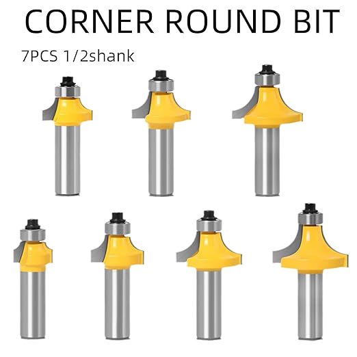 1/2 Shank 7pcs Corner Rounding Bit Set(1/8" 3/16" 1/4" 5/16" 3/8" 7/16" 1/2" Radius 4Pcs) Corner Rounding Edge-Forming Roundover