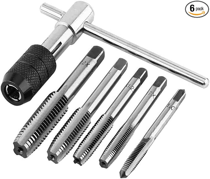 Mesee 6 Pcs Tap Wrench Tool Set, Adjustable T-Handle Ratchet Tap Holder Wrench Machine Screw Thread Metric Plug T-Taps with M3 M4 M5 M6 M8 Taps for Metal/Aluminum/Plastic/Wood