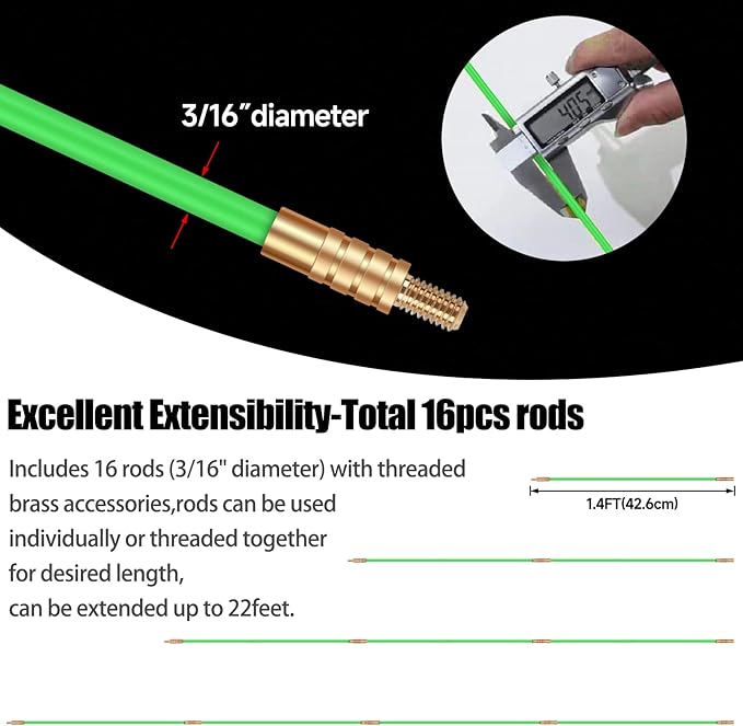 22FT Fiberglass Running Electrical Wire Cable Glow Rods Wire Pulling, Fish Rods Electrical Kit with 8 Different Attachments and Fish Tape Wire Puller Kit