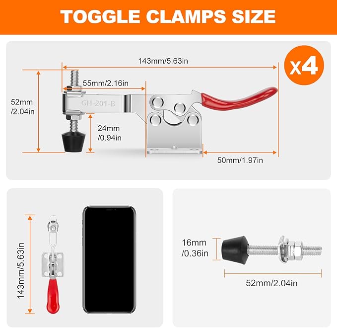 4 Pack Toggle Clamps, Hold Down Clamp 220Lbs Holding Capacity Quick Release Horizontal Clamps 201B with Rubber Pressure Tip for Woodworking Jigs and Fixtures, Welding, Drill Press, Crosscut Sled