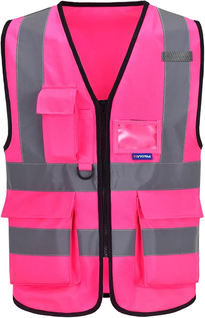 A-SAFETY Pink High Visibility Vest,Reflective Safety Vest Workwear 7 Pockets Hi Vis Durable Vest with Reflective Tapes 4 Lower Pockets,Small