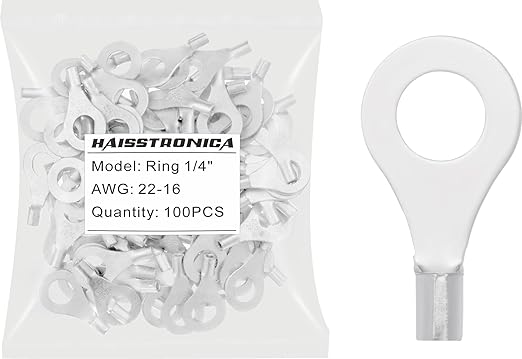 haisstronica 100pcs 1/4" Ring Terminals,AWG 22-16 Brazed Seam Non-Insulated Copper Wire Connectors