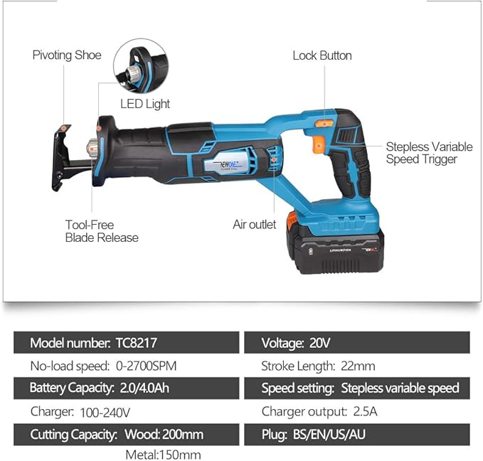 NEWONE 20V Reciprocating Saw zall saw cut-off tool with 2.5A Charger,LED working light, Tool-Free Blade Change, 7pcs Saw Blades for cutting metal wood frozen bone, 2.0AH Battery