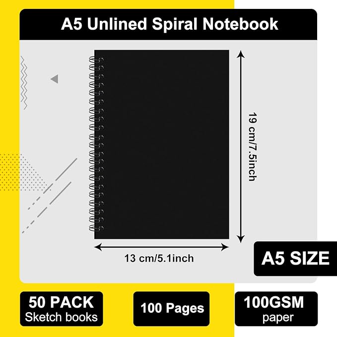 Fulmoon 50 Pcs Black Sketch Book Blank Spiral Notebook Unlined Soft Cover Kraft - Image 2