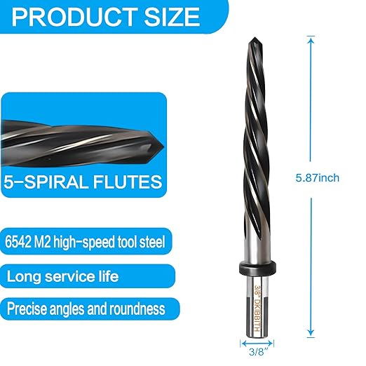 3/8” Bridge Construction Reamer Drill Bit, M2 HSS Taper Chucking Reamer for Steel Alloy Metal Wood Plastic, 3/8" Non-Slip Shank, 5-Spiral Flutes Car Reamer, to Align or Enlarge Holes, 10mm