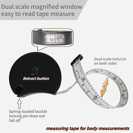 Dual Scale Tape Measure for Cloth Tailoring and Body Measurement 60 Inch/150cm Retractable Soft Tape with Lock Button and Window Reading Weight Loss Fitness Medical Nursing Craft Cloth Tools