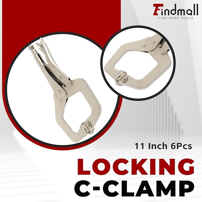 findmall 6Pcs 11 Inch Locking C Clamps with Swivel Pads Heavy Duty C-Type Locking Plier Table and Tool Vise Grip for Shop Home Farm and Automotive DIY Woodworking Welding Cabinetry Pocket Hole Joinery