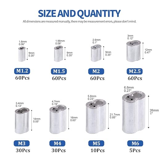 Glarks 315-Pieces 8 Sizes Aluminum Crimping Loop Sleeve Double Barrel Ferrule for Wire Rope and Cable Line End Assortment Kit - M1.2-M6