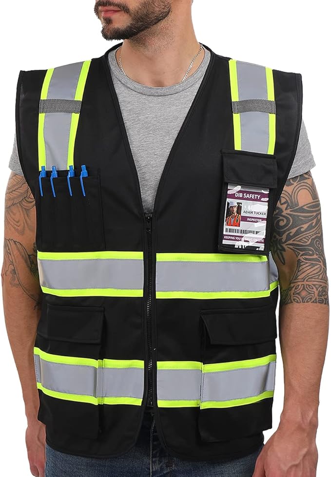Dib Safety Reflective Vest High Visibility with Pockets and Zipper, Black with Yellow Trim 3XL