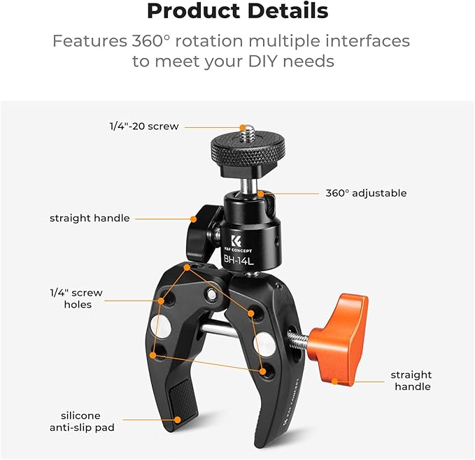 K&F Concept Super Clamp Camera Clamp with 360 Ballhead, Compatible with GoPro/AKASO/Insta360/Pocket 3, 1/4"-20 Screw & Cold Shoe Mount for Camera/Monitor/Light/Microphone