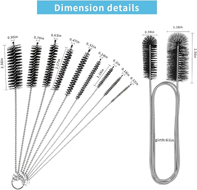 10 Pcs Flexible Drain Brush Straw Cleaner Brush Set,Pipe Cleaners Brush,61Inch Stainless Steel Double-Ended Hose Brush 8.2Inch Nylon Long CPAP Tube Cleaning Brush for Home Kitchen Sink Plumbing