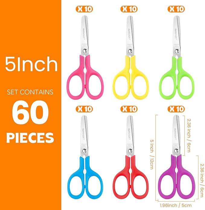 60Pack 5" Small School Student Blunt Craft Kids Scissors, Sharp Stainless Steel Blades Safety Comfort Grip Scissors for Kids Children Cutting Paper, 5Inch